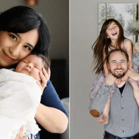 mom with newborn son, dad with daughter at home photo session