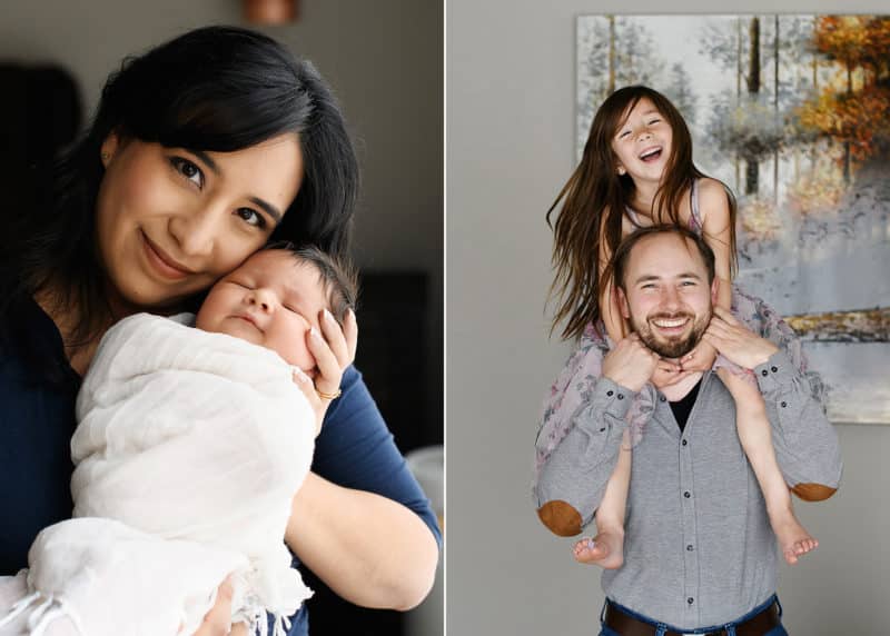 mom with newborn son, dad with daughter at home photo session