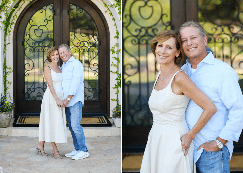 couple posing together in spring in front of an ornate door el dorado hills california