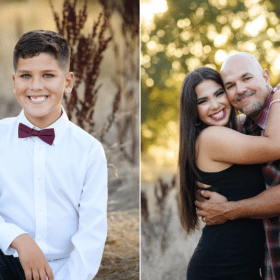 dad with teen girl, young boy smiling outdoors in the trees california