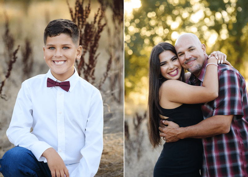 dad with teen girl, young boy smiling outdoors in the trees california