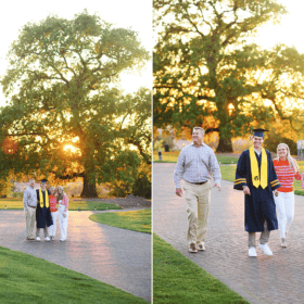 family of four walking outdoors on the path natural light