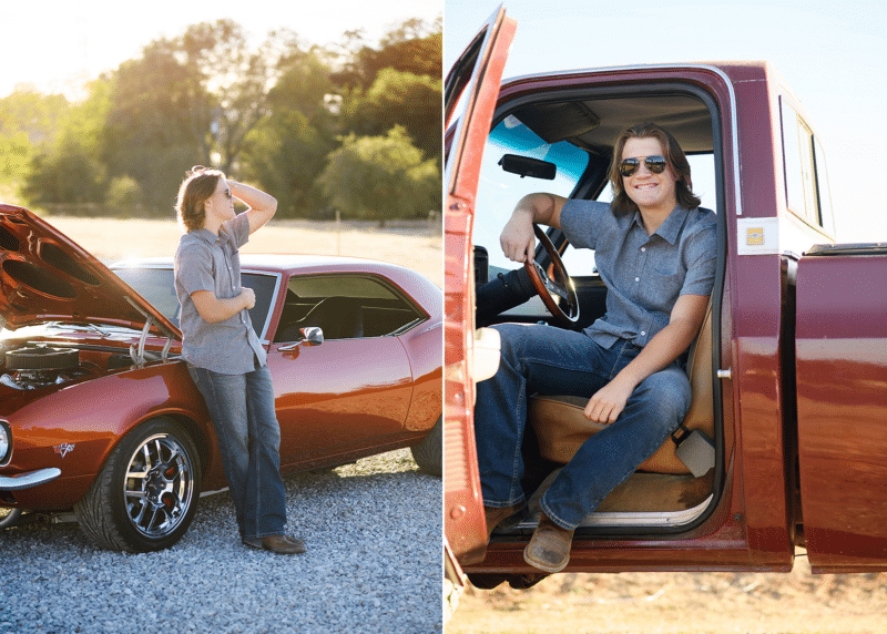 teenage boy posing in sunglasses with classic car, truck