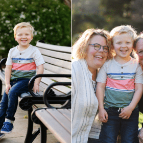 moms with young son, boy sitting on a park bench sacramento california
