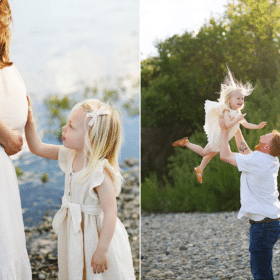 young girl holding mom’s pregnant belly, dad throwing daughter in the air