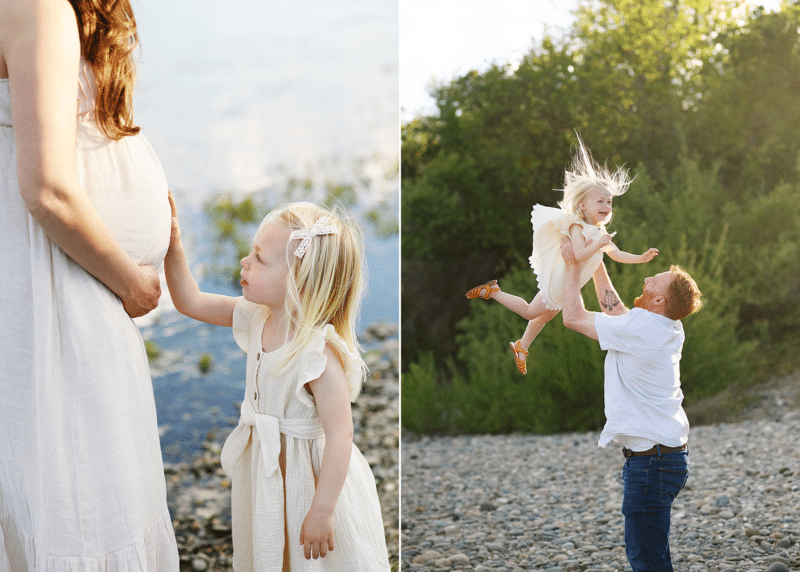 young girl holding mom's pregnant belly, dad throwing daughter in the air