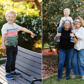 young boy standing on park bench, posing with moms in spring garden