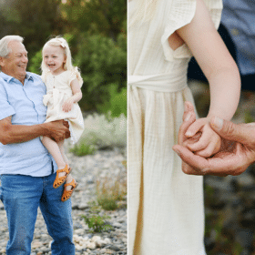 grandpa and granddaughter laughing together, holding hands
