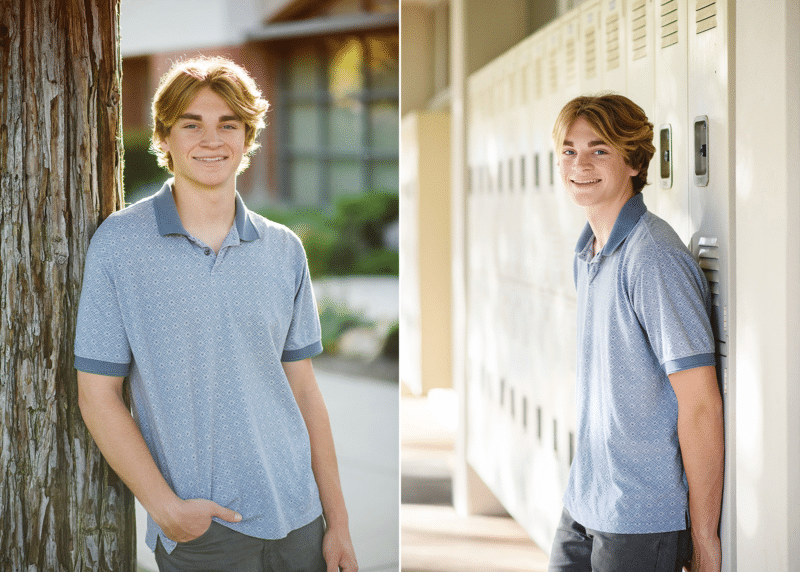 high school senior male photos by school locker and tree sacramento california