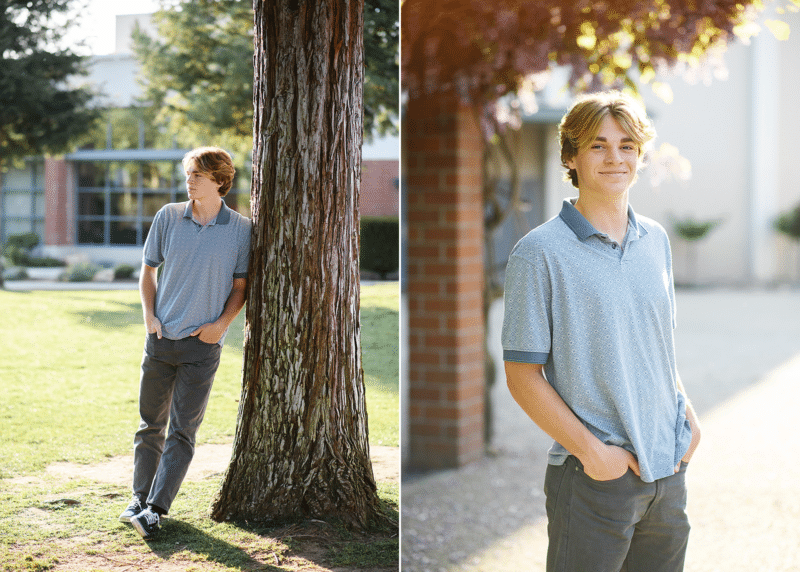 high school senior boy leaning on tree, posing in courtyard sacramento california