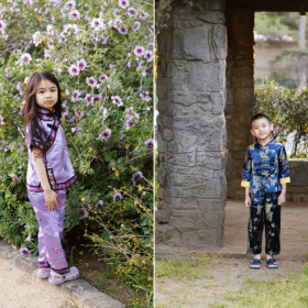 young girl posing in traditional clothing in front of flowers, young boy posing outside