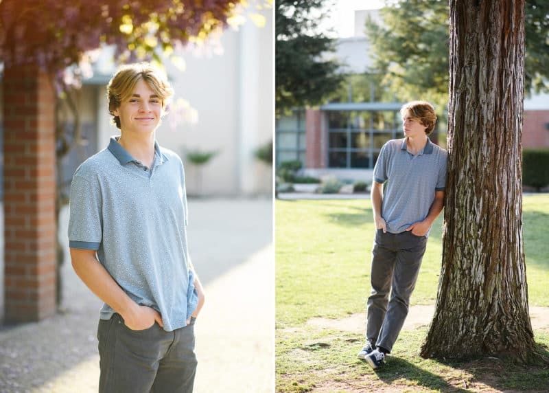 high school senior boy leaning on tree, posing in courtyard sacramento california
