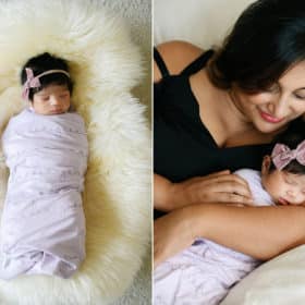 newborn baby girl laying on a sherpa bed, mom snuggling with baby in bed