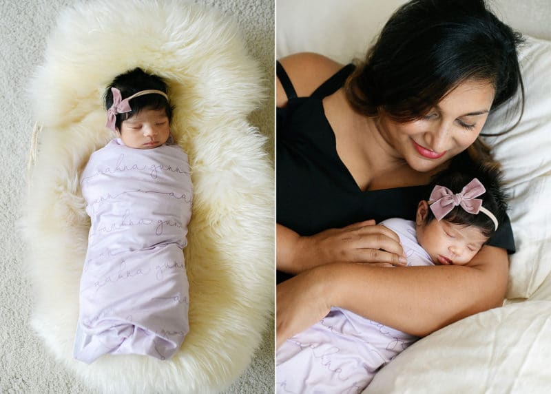 newborn baby girl laying on a sherpa bed, mom snuggling with baby in bed