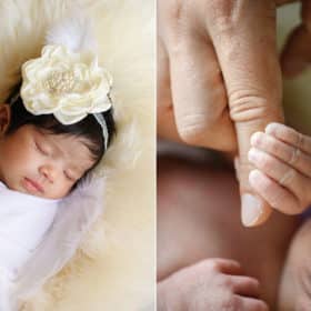 newborn baby girl with flower headband, holding mom’s finger in home photo session