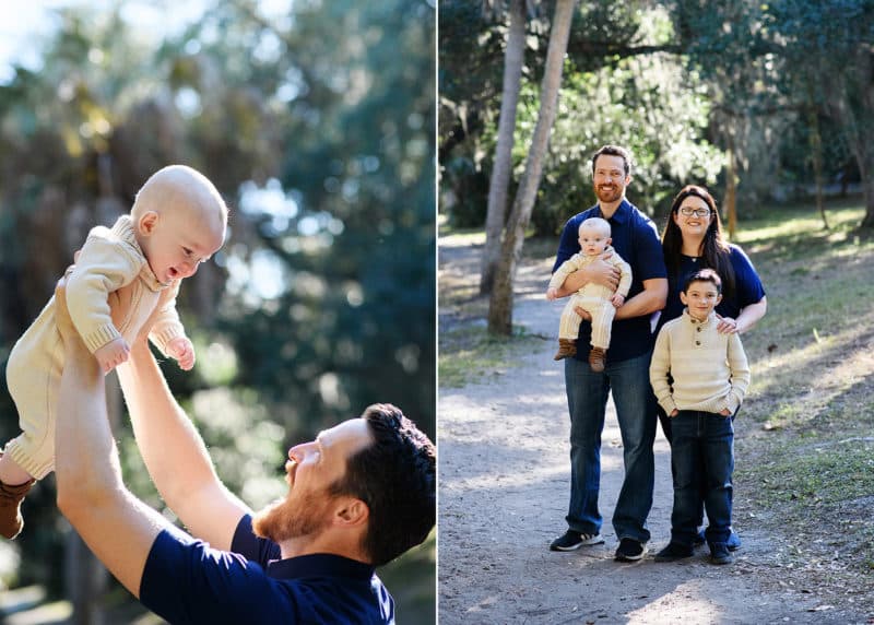 family of four posing with trees in tampa florida, dad throwing baby in the air