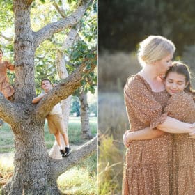 brother and sister climbing a tree together, mom kissing young daughter on the head