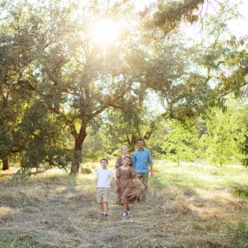 family of four walking in the park by big trees and natural light