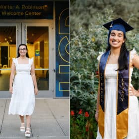 Taking graduation pictures with a hat and stole in a white dress