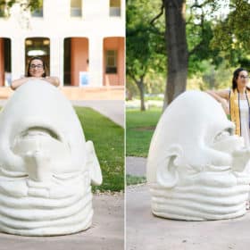 graduation pictures at UC Davis with face statue
