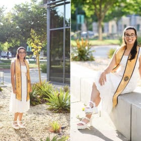 college graduate posing in a white dress with graduation stole at UC Davis