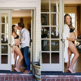 couple kissing in the doorway, maternity session in sacramento california