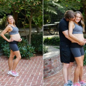 maternity session in the garden with mom and dad in athletic clothes sacramento california