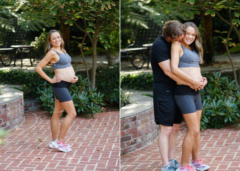 maternity session in the garden with mom and dad in athletic clothes sacramento california