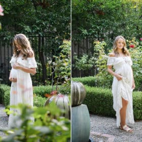 pregnant woman holding belly in the garden in a white flowy dress