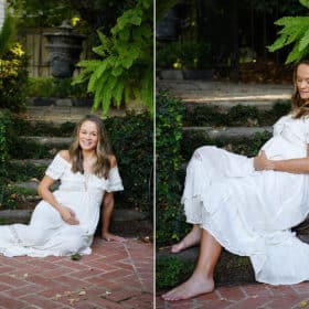 pregnant woman holding her belly in a flowy white dress in the garden in sacramento california