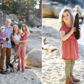 family of four smiling on the beach of lake tahoe, young girl with large pinecone