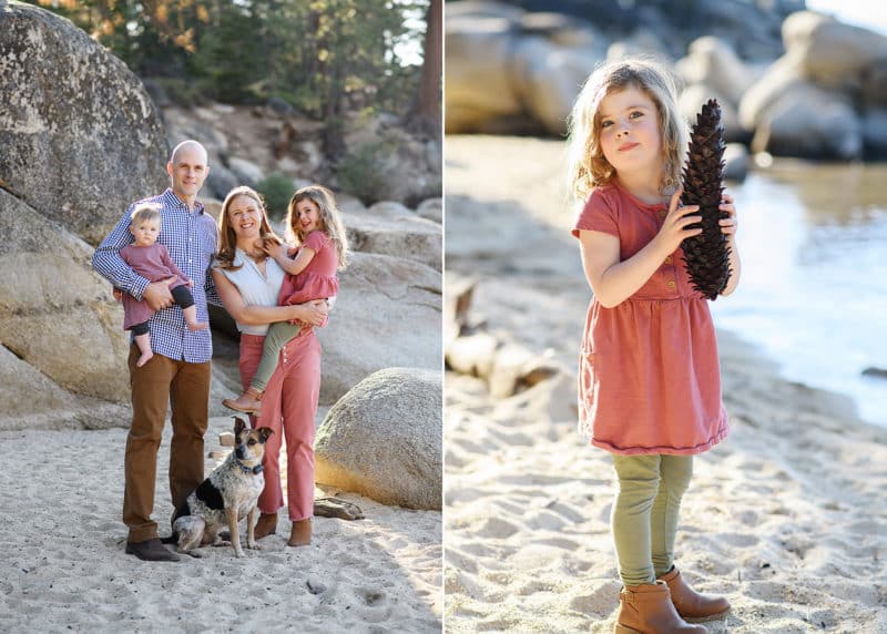 family of four smiling on the beach of lake tahoe, young girl with large pinecone