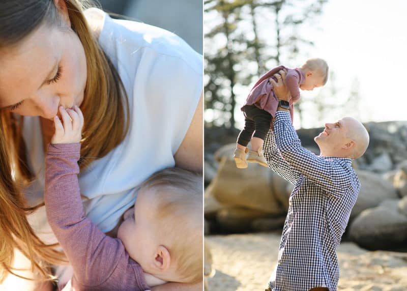 mom feeding baby girl, dad throwing baby in the air during family photo session at lake tahoe