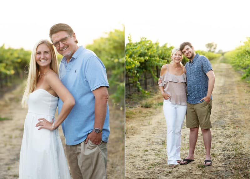 dad and daughter, mother and son taking photos in the vineyard together