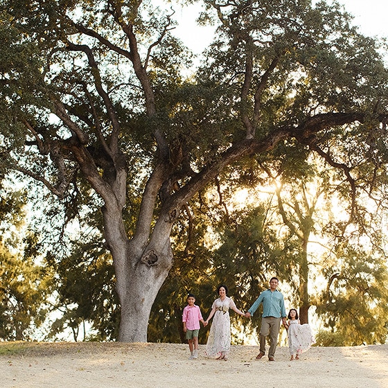 taking family photos under a tree in the summer sacramento california