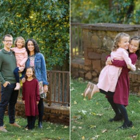 family of four, sisters hugging in the grass during fall family photos