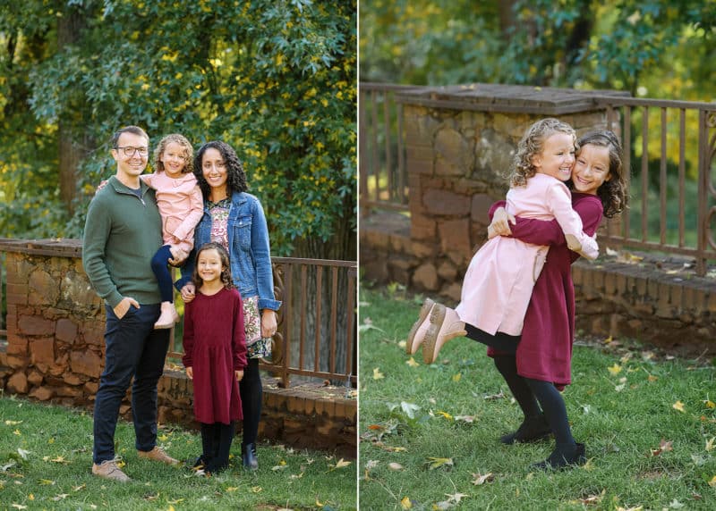 family of four, sisters hugging in the grass during fall family photos