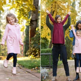 mom and dad lifting young daughters up by the arms, young girl dancing in the fall leaves