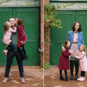 two young daughters kissing dad on the cheek, hugging mom during fall photos in california