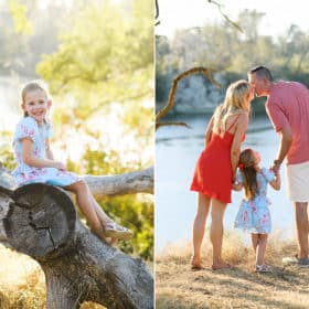 mom and dad kissing while daughter looks up, young girl sitting on a log in folsom california