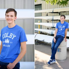 high school senior wearing a blue colby college shirt in folsom california