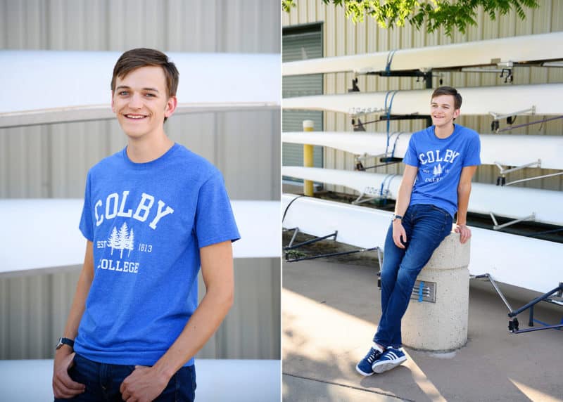 high school senior wearing a blue colby college shirt in folsom california