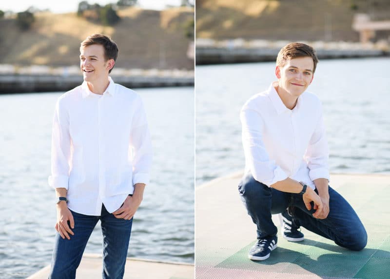 high school senior looking out onto folsom lake during senior session