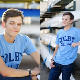 high school senior wearing a colby college shirt during senior photo session