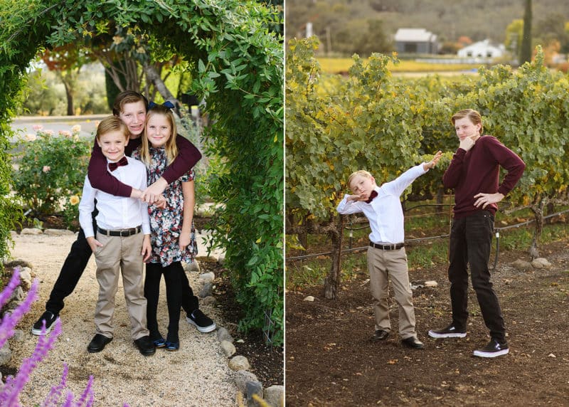 two brothers doing silly poses outside the family vineyard, three siblings hugging together