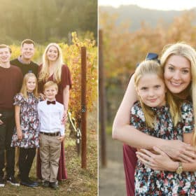 mom and daughter hugging, family of five standing in the vineyard during golden hour