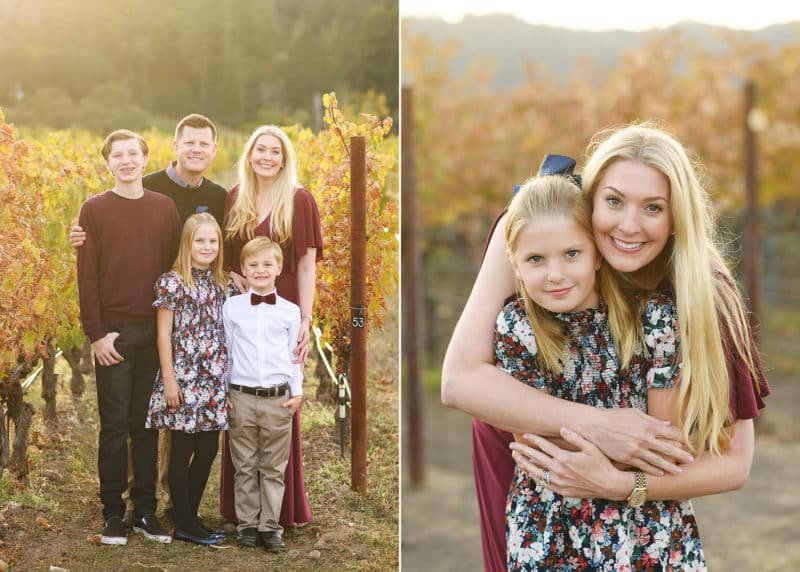 mom and daughter hugging, family of five standing in the vineyard during golden hour