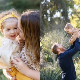 mom kissing young daughter on the cheek, dad throwing young son into the air
