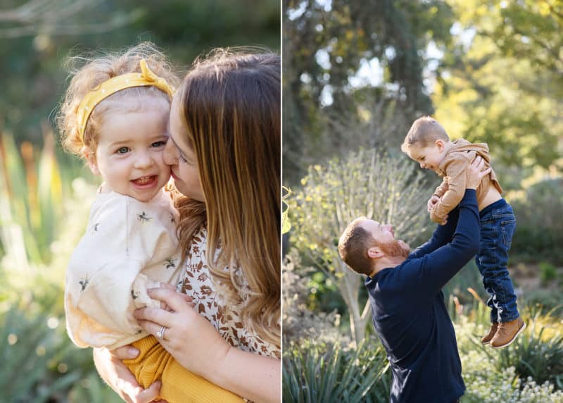 mom kissing young daughter on the cheek, dad throwing young son into the air