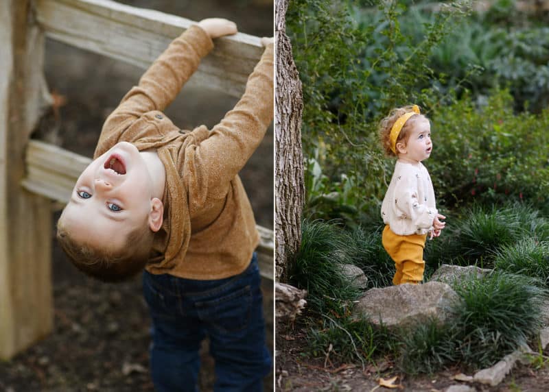 young boy hanging upside down on a wooden fence, toddler girl standing in the middle of a garden